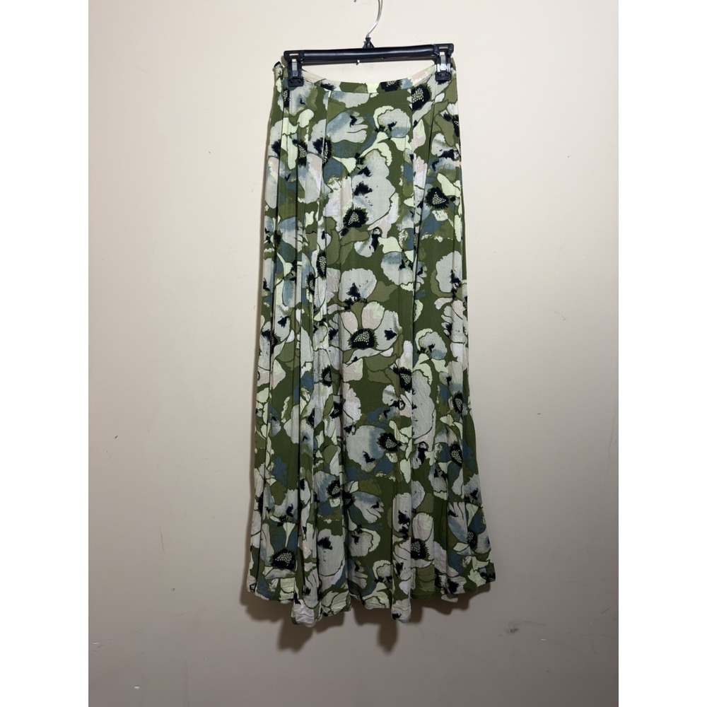 Free People Hot Tropics Maxi Skirt Size 2 Green Moss Floral Slit Boho Pockets